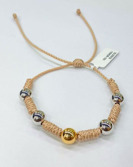 PULSO TEJIDO CON 5 BALINES DE ORO 18K CON 6 NUDOS EN HILO BEIGE
