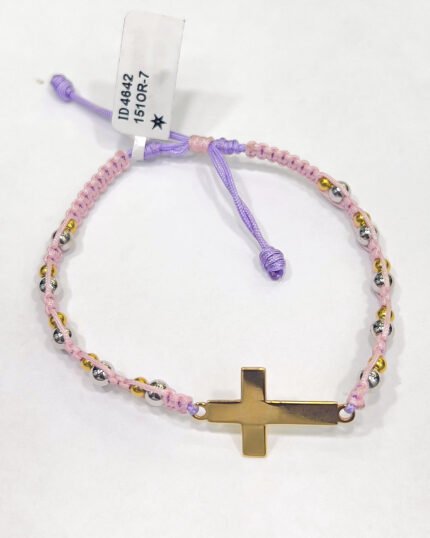 PULSO TEJIDO CON HERRAJE CRUZ Y 20 BALINES DE ORO 18K EN HILO DUAL COLOR ROSA Y LILA