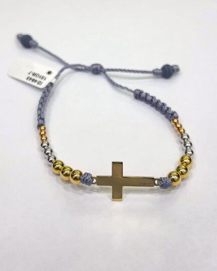 PULSO TEJIDO CON HERRAJE CRUZ Y 18 BALINES DE ORO 18K EN HILO GRIS