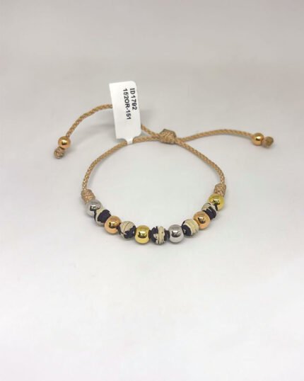 PULSO TEJIDO CON 8 BALINES DE ORO 18K CON BOLAS DE NEOPRENO EN HILO BEIGE