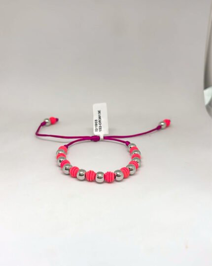 PULSO TEJIDO CON 6 BALINES DE ORO BLANCO 18K CON BOLAS DE NEOPRENO EN ROSADO EN HILO MORADO
