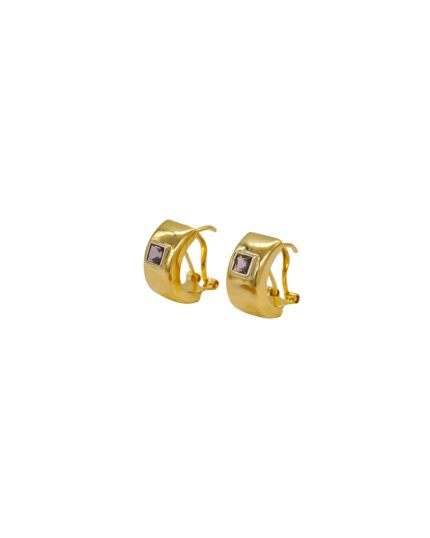 ARETES CORTOS LISOS PIEDRA MORADA ORO 18K