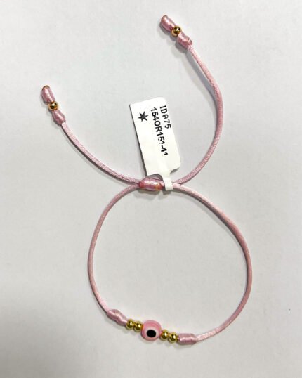 PULSO TEJIDO CON 6 BALINES DE ORO 18K EN HILO ROSA CON OJO TURCO