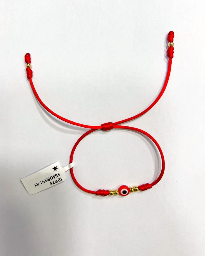 PULSO TEJIDO CON 6 BALINES DE ORO 18K CON OJO TURCO EN HILO ROJO - Image 1