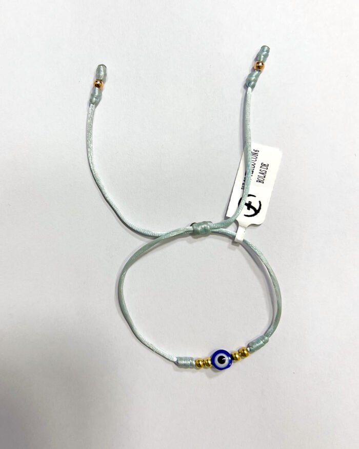 PULSO TEJIDO CON 6 BALINES DE ORO 18K CON OJO TURCO EN HILO COLOR AGUAMARINA - Image 1