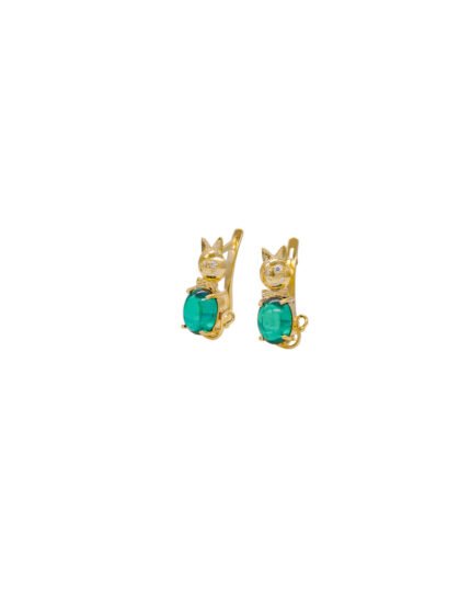 ARETES FIGURA GATO PIEDRA VERDE ORO 18K