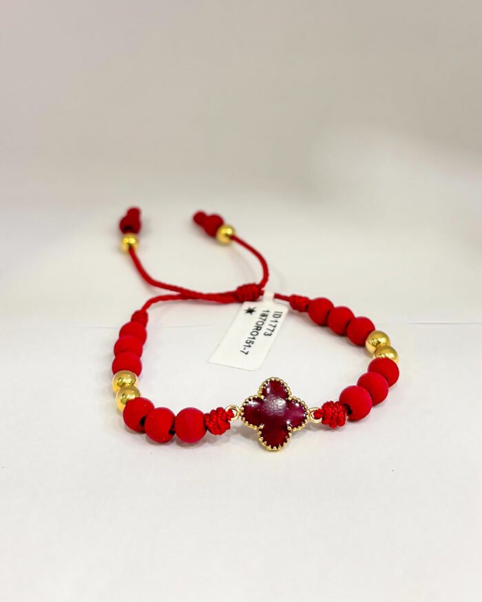 PULSO TEJIDO CON HERRAJE VAN CLEEF Y 6 BALINES DE ORO 18K CON BOLAS DE NEOPRENO EN HILO ROJO - Image 1