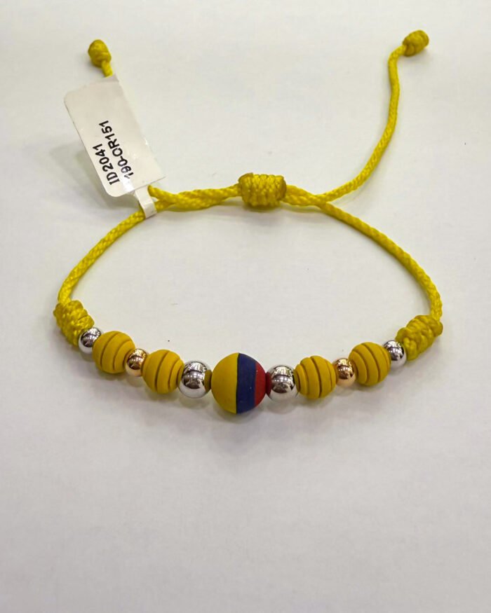 PULSO TEJIDO CON 6 BALINES DE ORO 18K CON BOLAS DE NEOPRENO EN HILO AMARILLO - Image 1