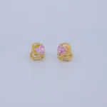 ARETES TOPOS CORAZÓN CON PIEDRA ROSA EN ORO 18K