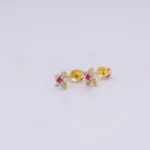 ARETES TOPOS FLOR PIEDRAS ORO 18K