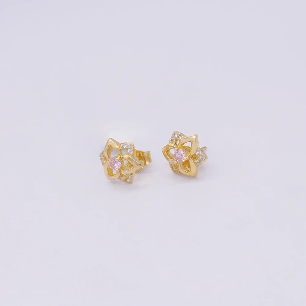 Aretes Topos Flor Piedra Rosa Oro 18K - Orofino Ecuador